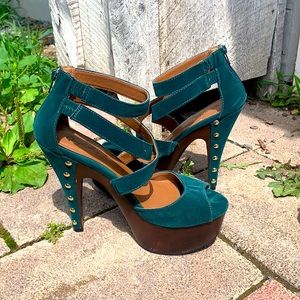 Qupid teal suede wedges